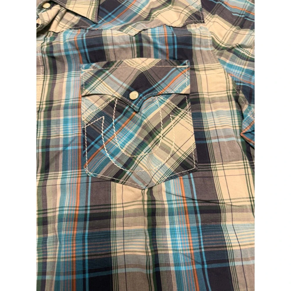 True Religion Mens XXXL Blue Plaid Western Snap Short Sleeve Shirt Horseshoe